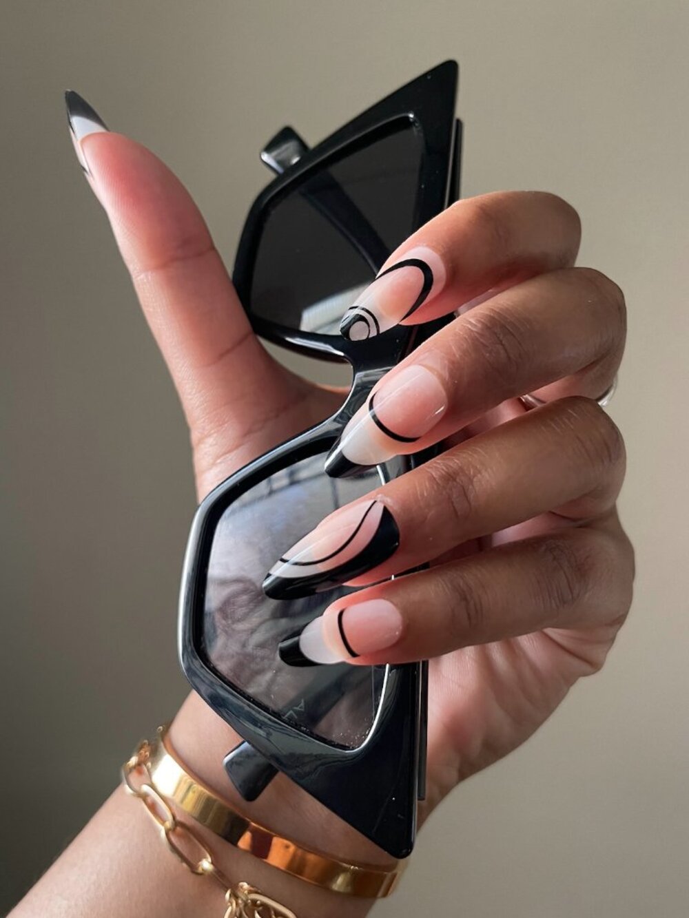 Black & Nude Abstract Press On Nails | Modern French Design